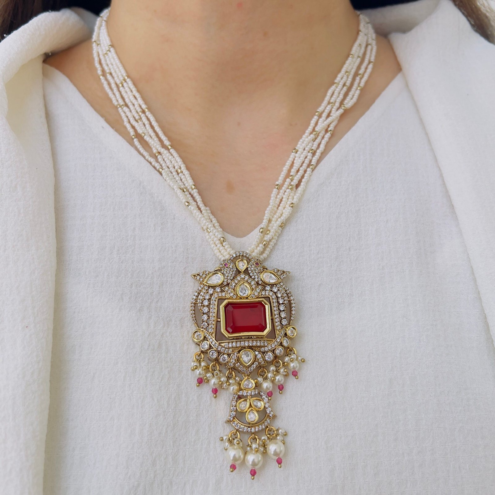 Majestic Amethyst-Purple Bead Mala with Ruby & Polki Statement Pendant