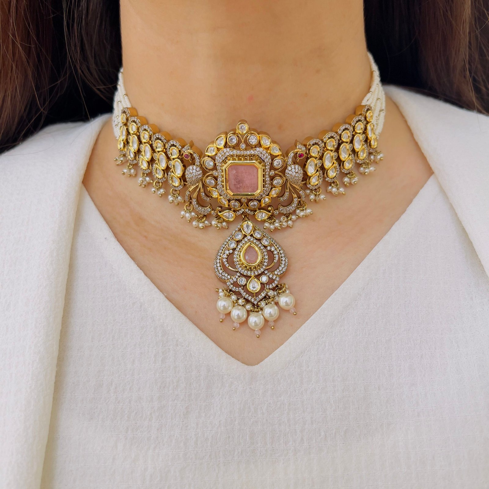 Hexagonal Polki Pendant & Mint Emerald Multi-Strand Mala