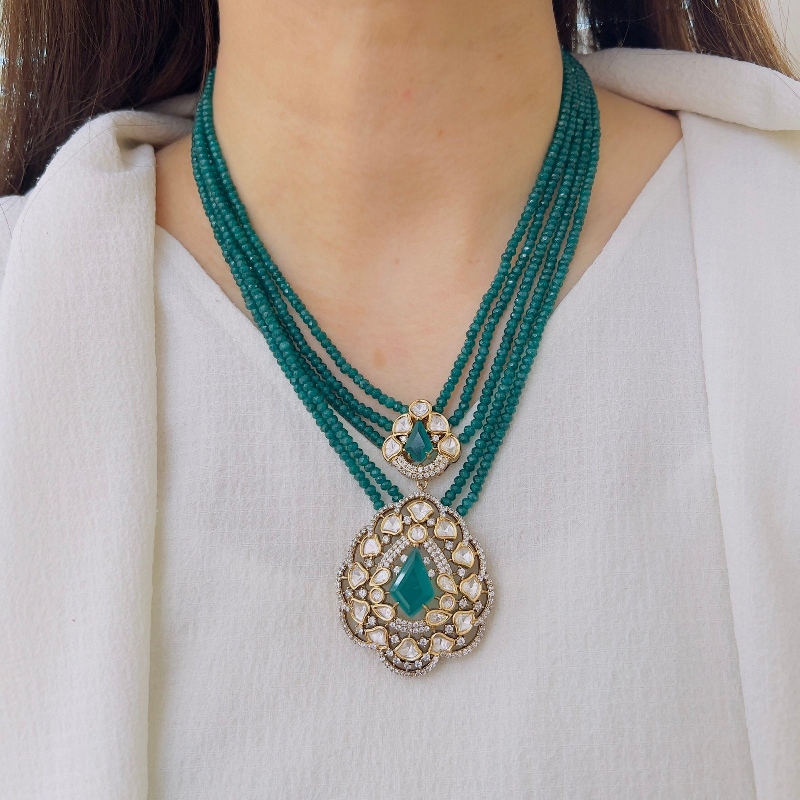 Geometric Polki & Teal Emerald Multi-Strand Statement Set - Image 5