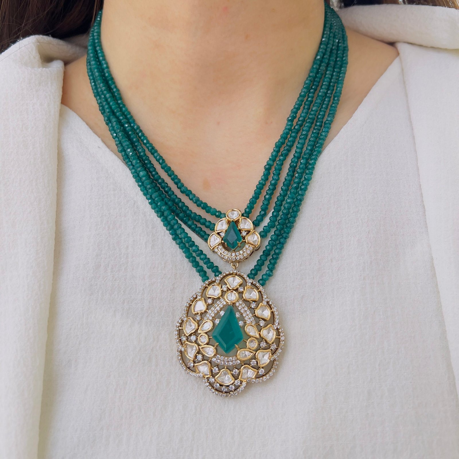 Geometric Polki & Teal Emerald Multi-Strand Statement Set