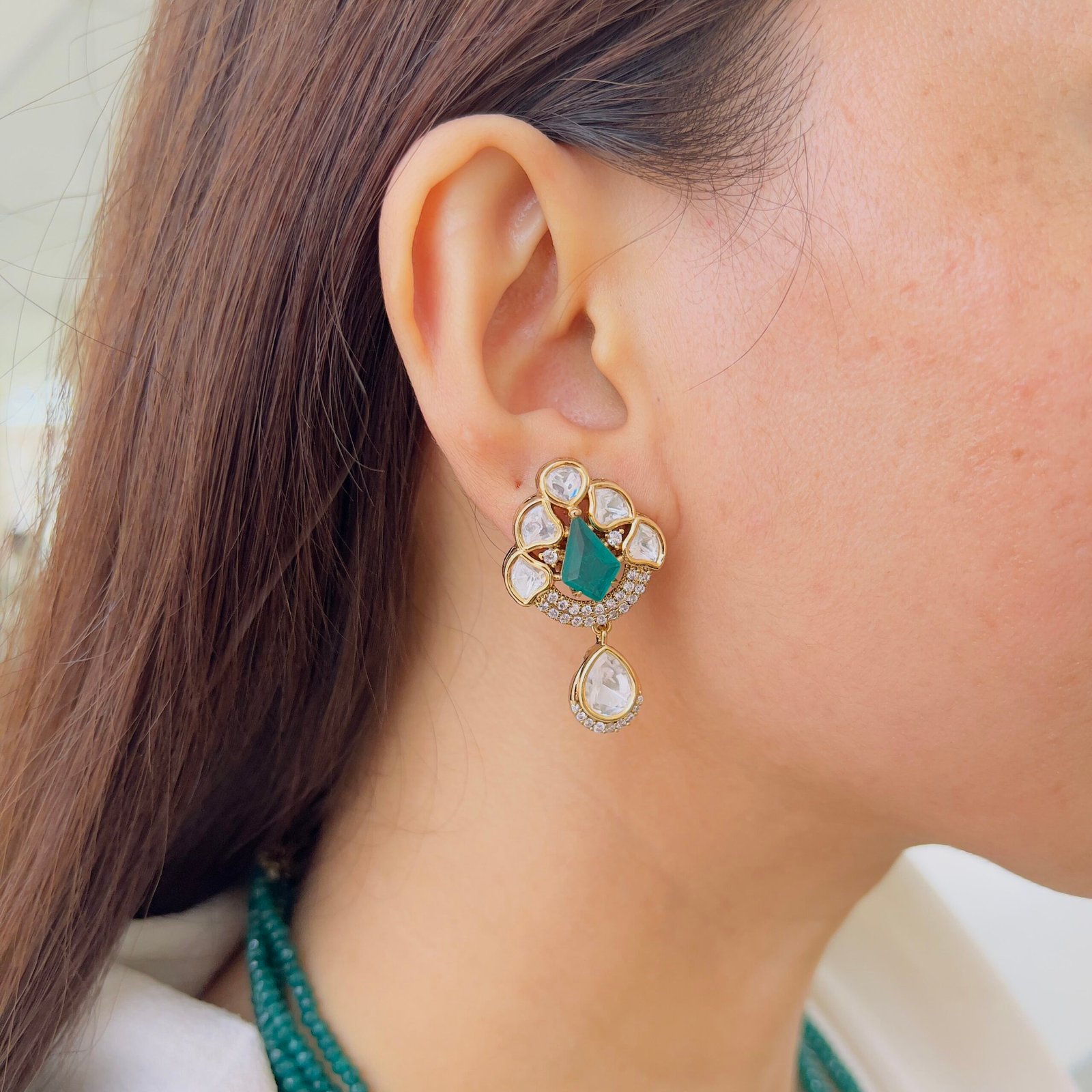 Geometric Polki & Teal Emerald Multi-Strand Statement Set - Image 4