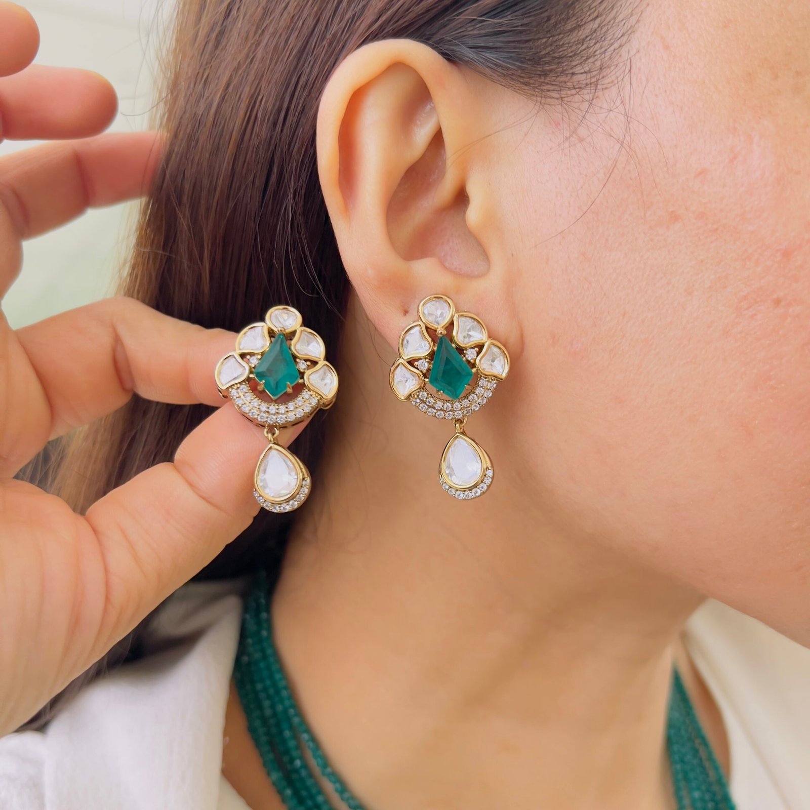 Geometric Polki & Teal Emerald Multi-Strand Statement Set - Image 2