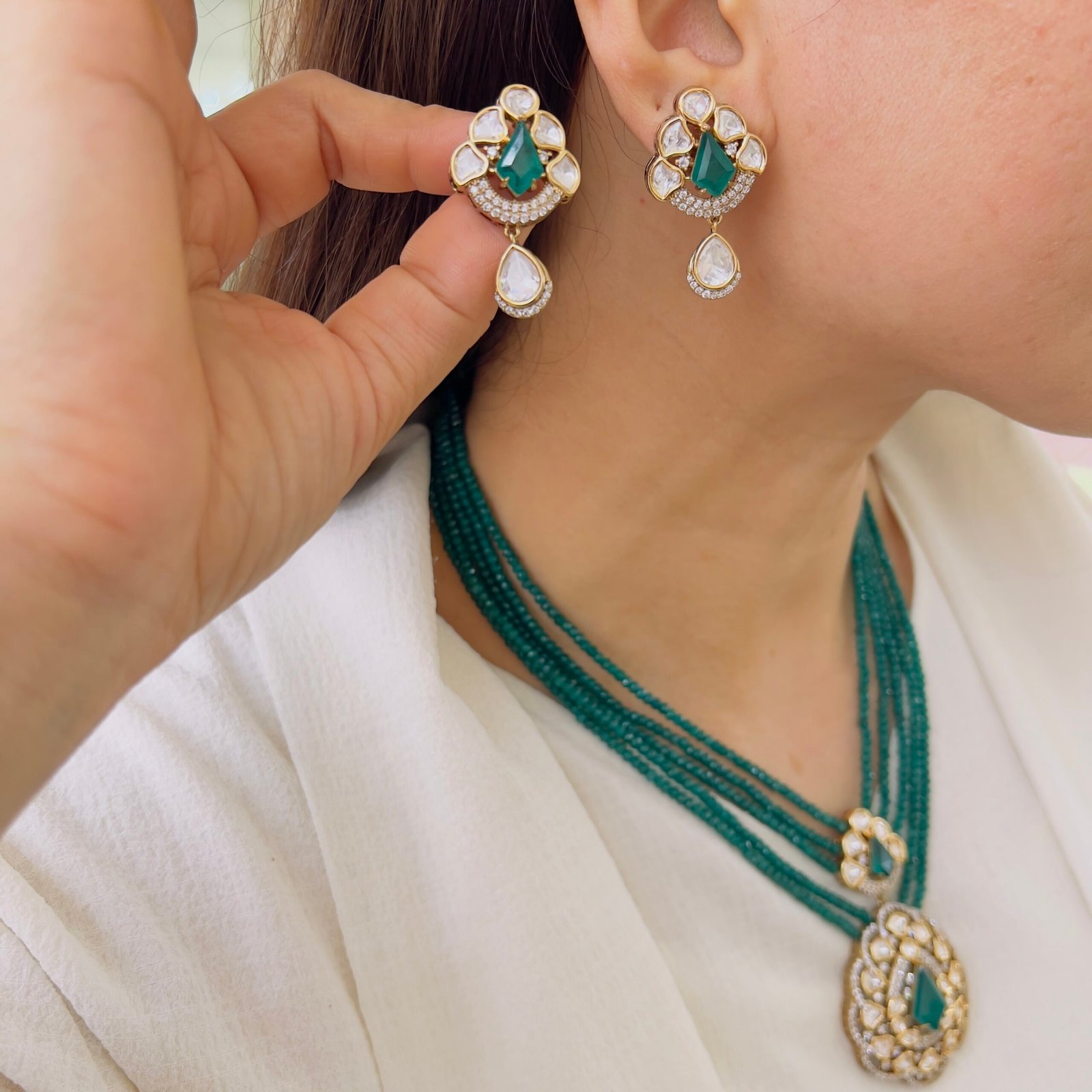 Geometric Polki & Teal Emerald Multi-Strand Statement Set - Image 3