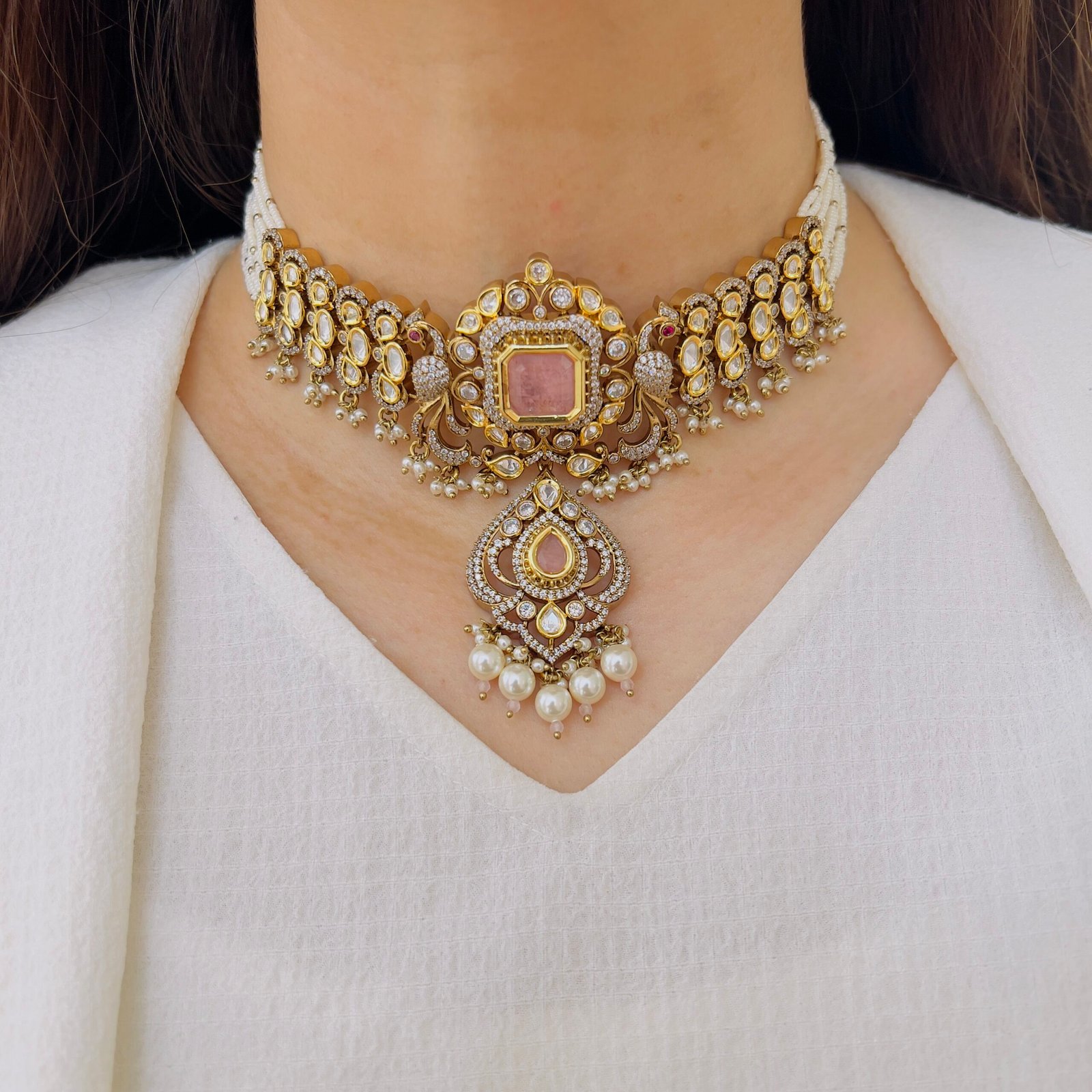 Hexagonal Polki Pendant & Mint Emerald Multi-Strand Mala - Image 4