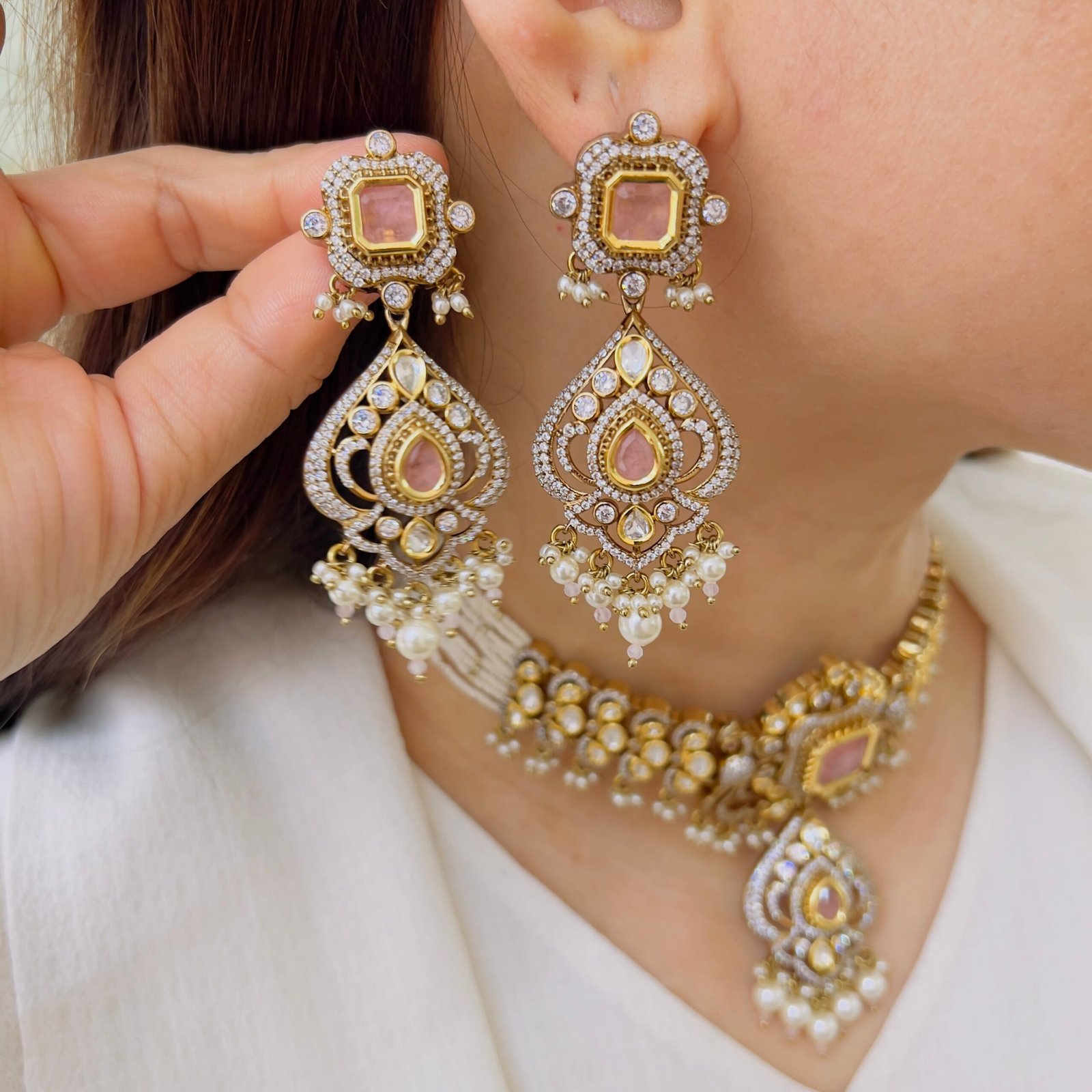 Hexagonal Polki Pendant & Mint Emerald Multi-Strand Mala - Image 2