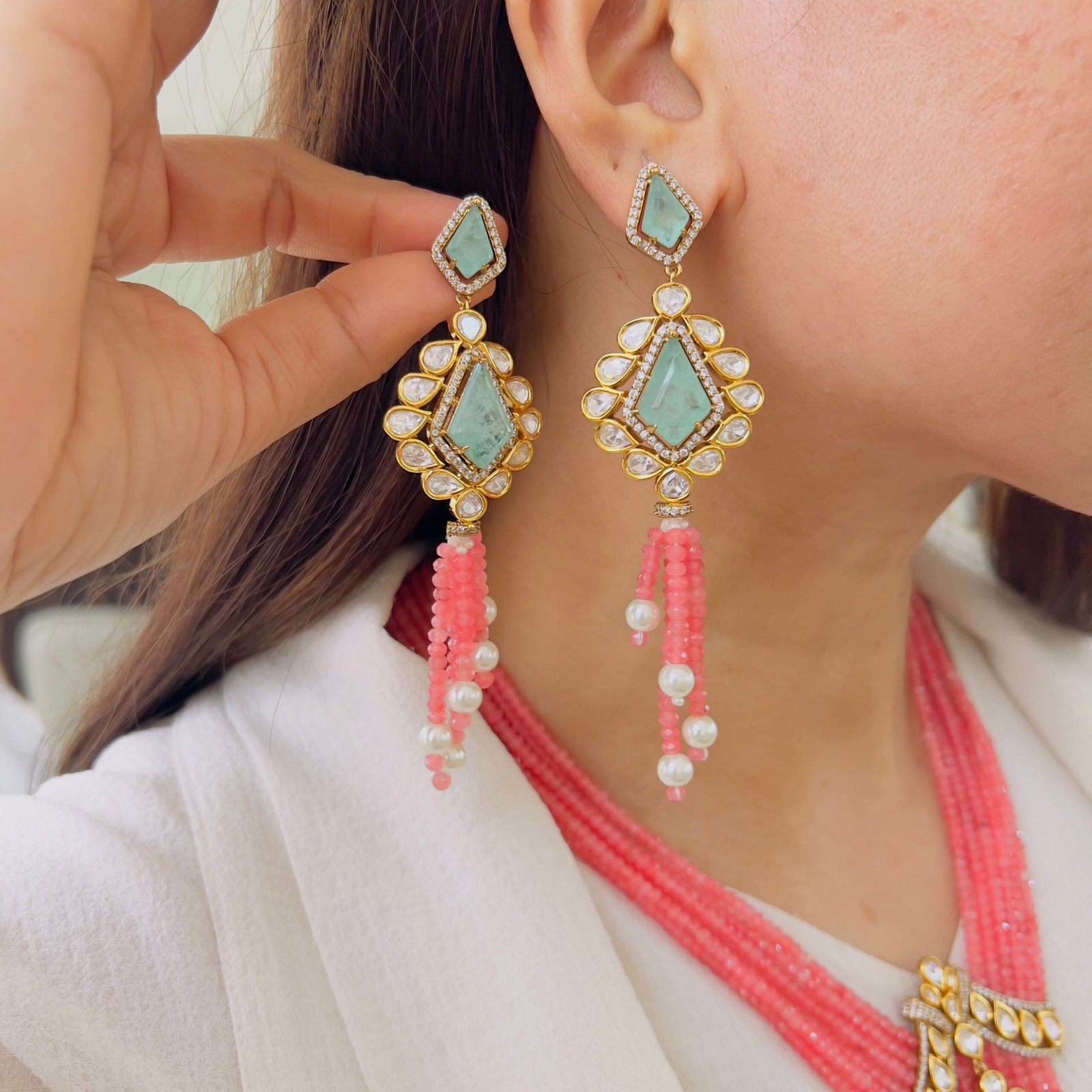Pastel Perfection: Mint Emerald & Watermelon Pink Monalisa Bead Set - Image 3