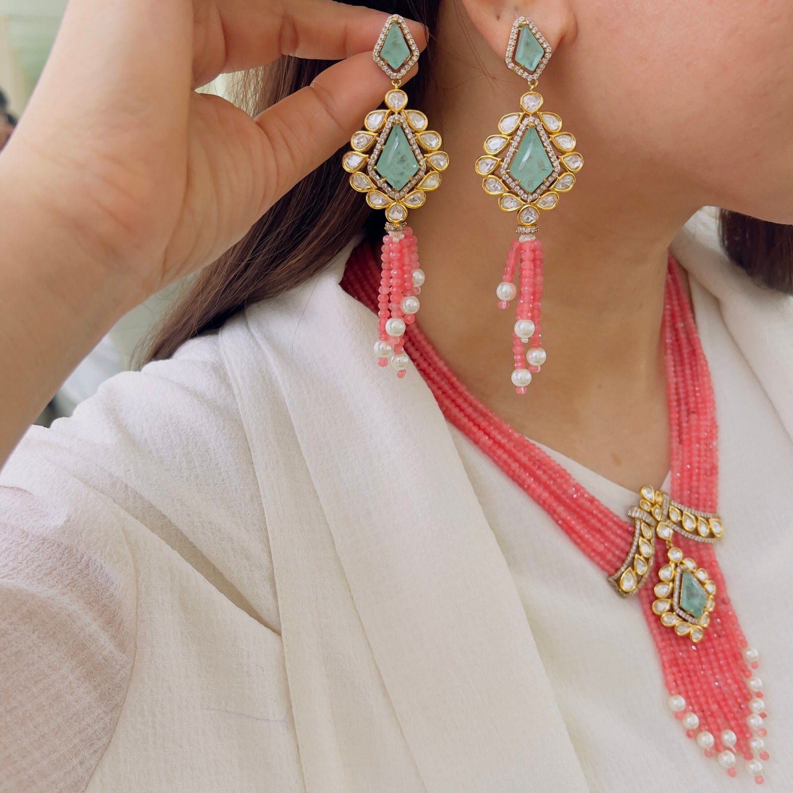 Pastel Perfection: Mint Emerald & Watermelon Pink Monalisa Bead Set - Image 2