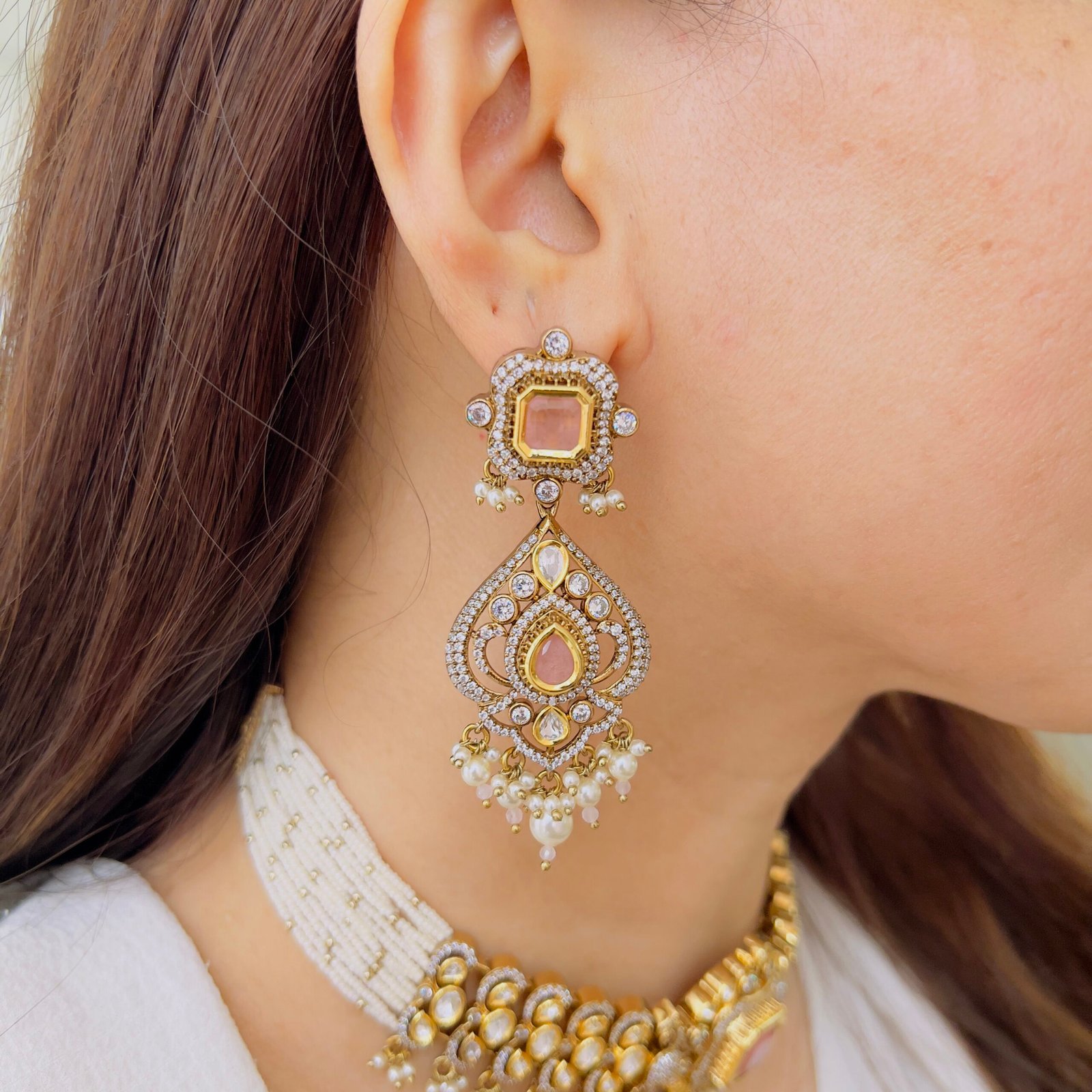 Hexagonal Polki Pendant & Mint Emerald Multi-Strand Mala - Image 3