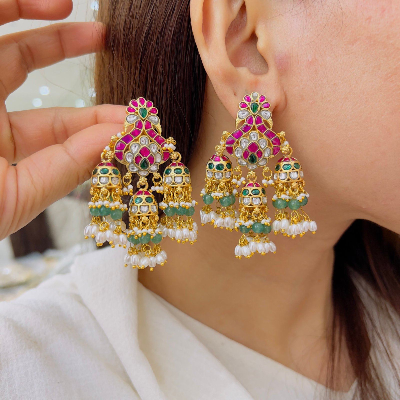 Royal Triple Layer Jadau Jhumka – Statement Elegance - Image 2