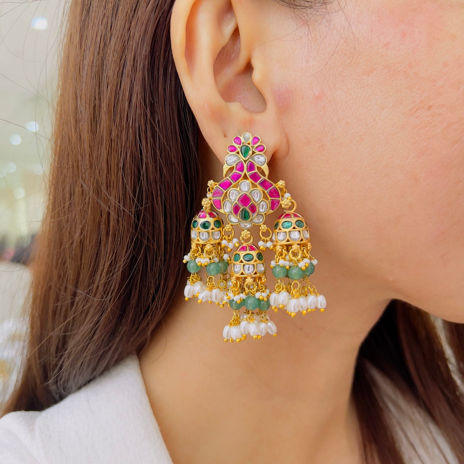Royal Triple Layer Jadau Jhumka – Statement Elegance