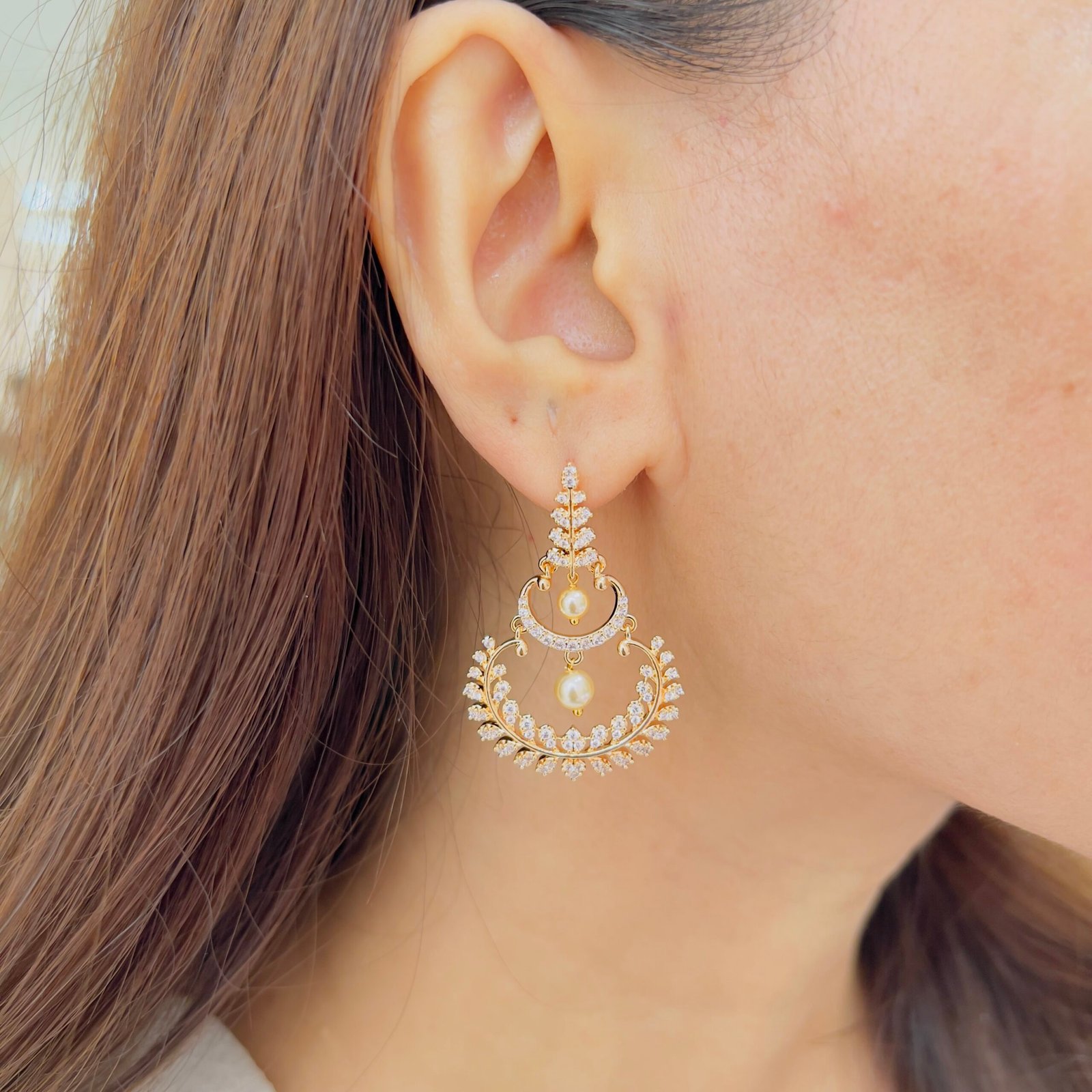 Diamond-Look Pearl Chandbali Earrings