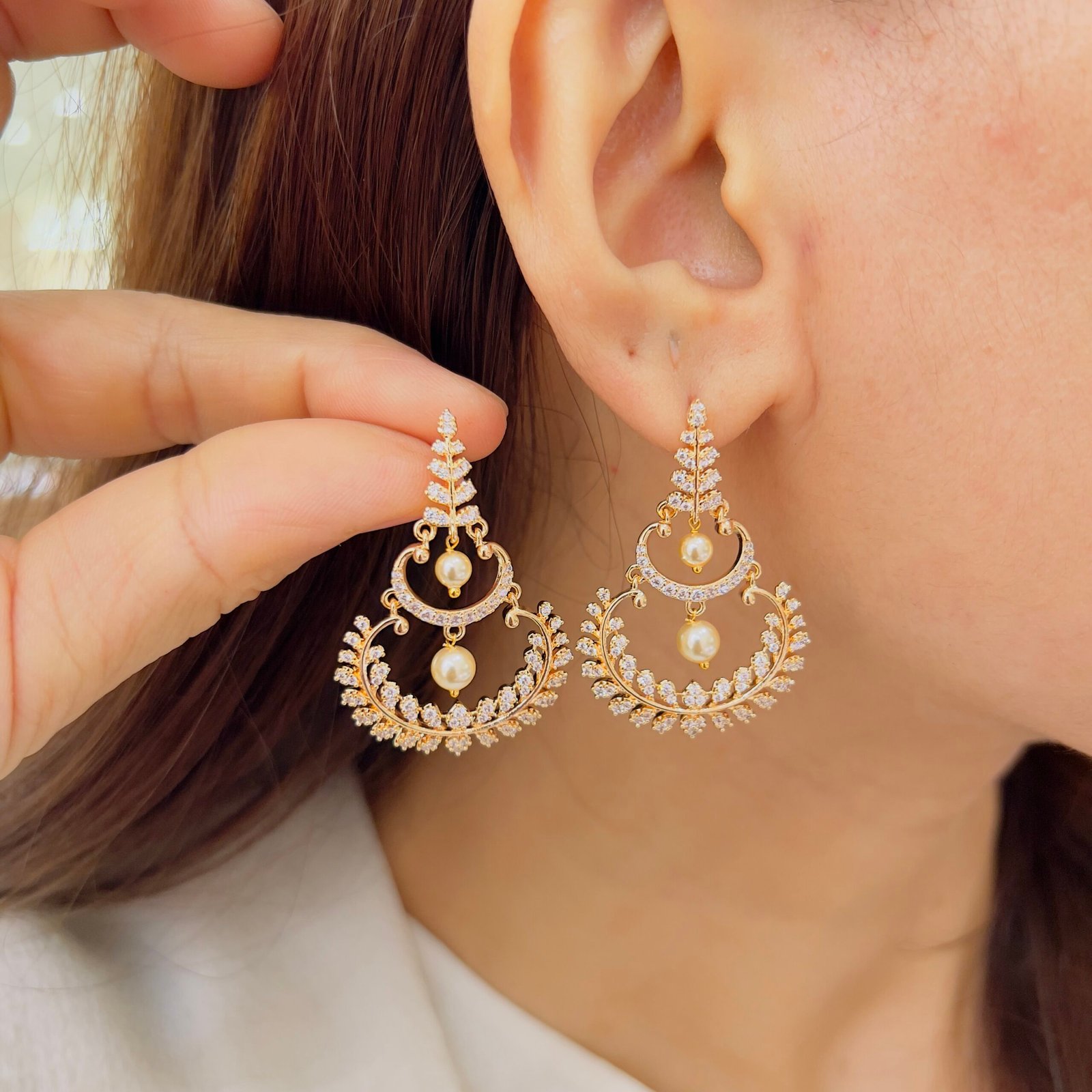 Diamond-Look Pearl Chandbali Earrings - Image 2