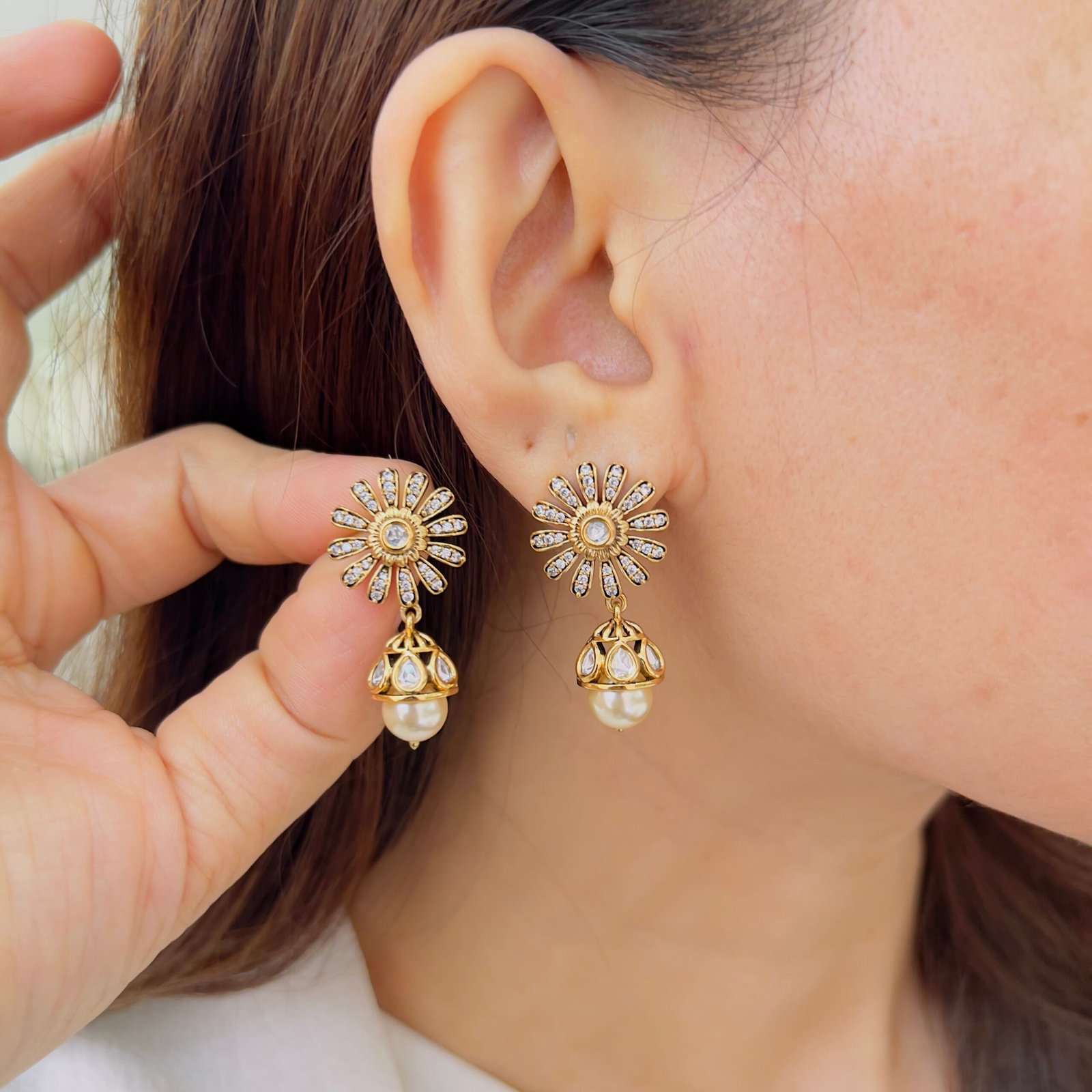 Sunflower Pearl Drop Earrings - Image 2