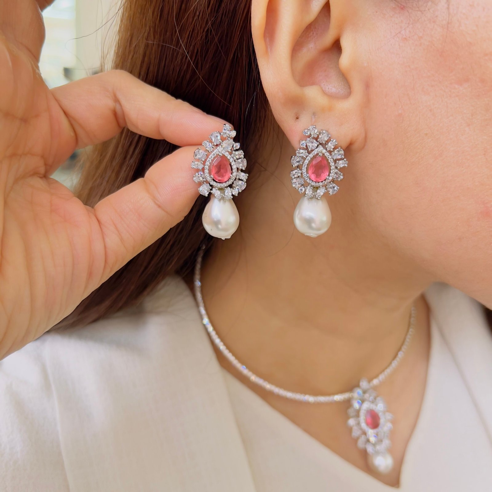 Sparkling Diamond Pendant Set with Matching Earrings - Image 2