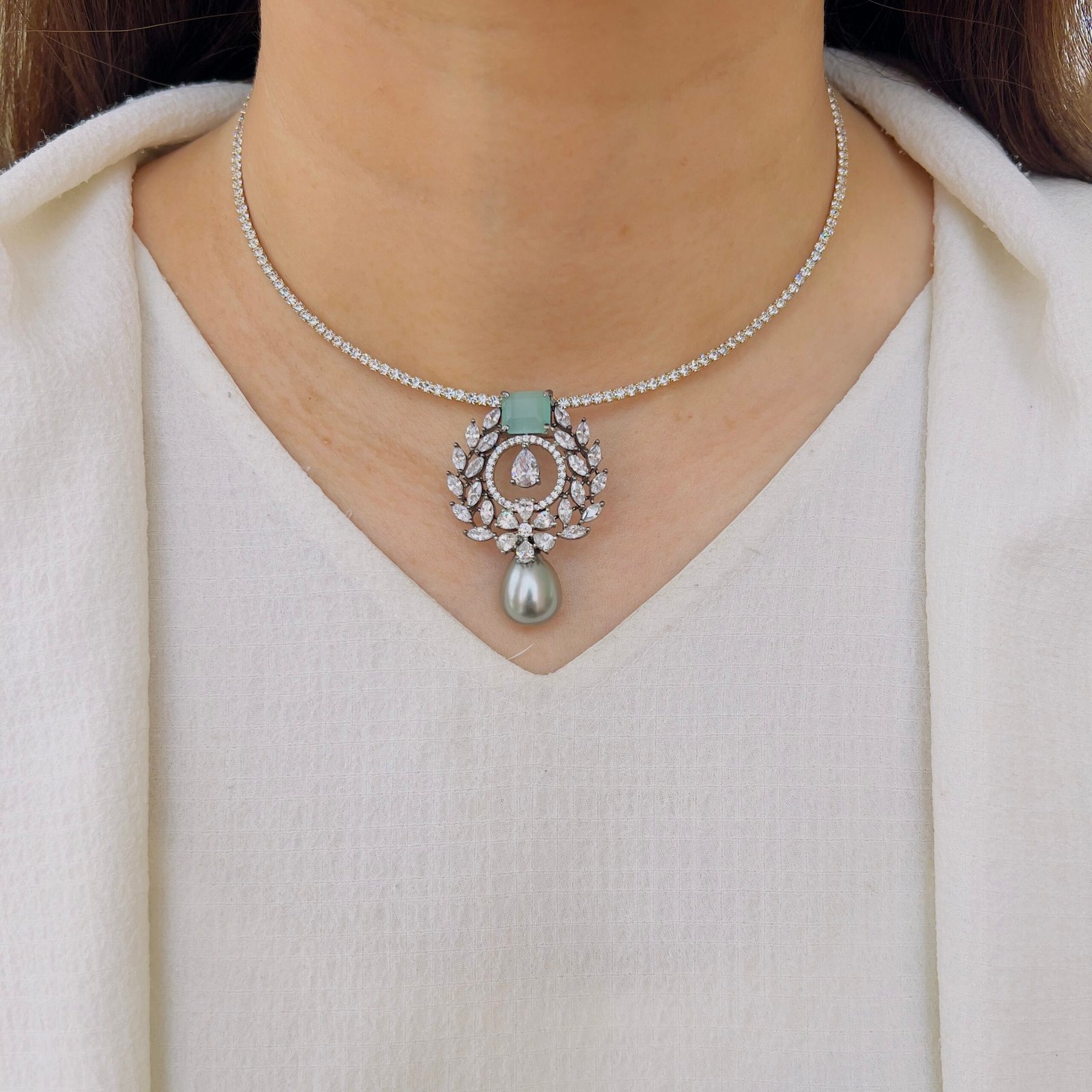 Vintage Diamond Stone Pearl Drop Pendant Set