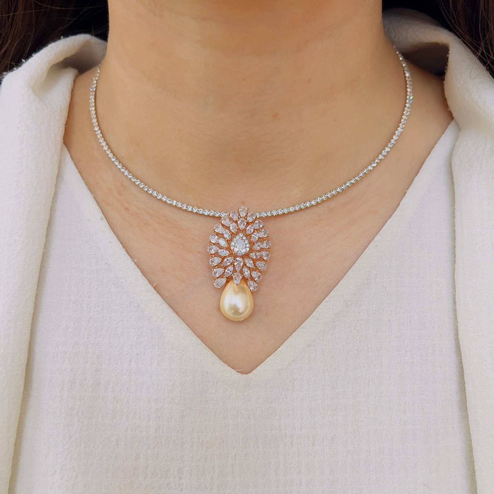 Luxury Diamond Stone & Pearl Drop Pendant Set