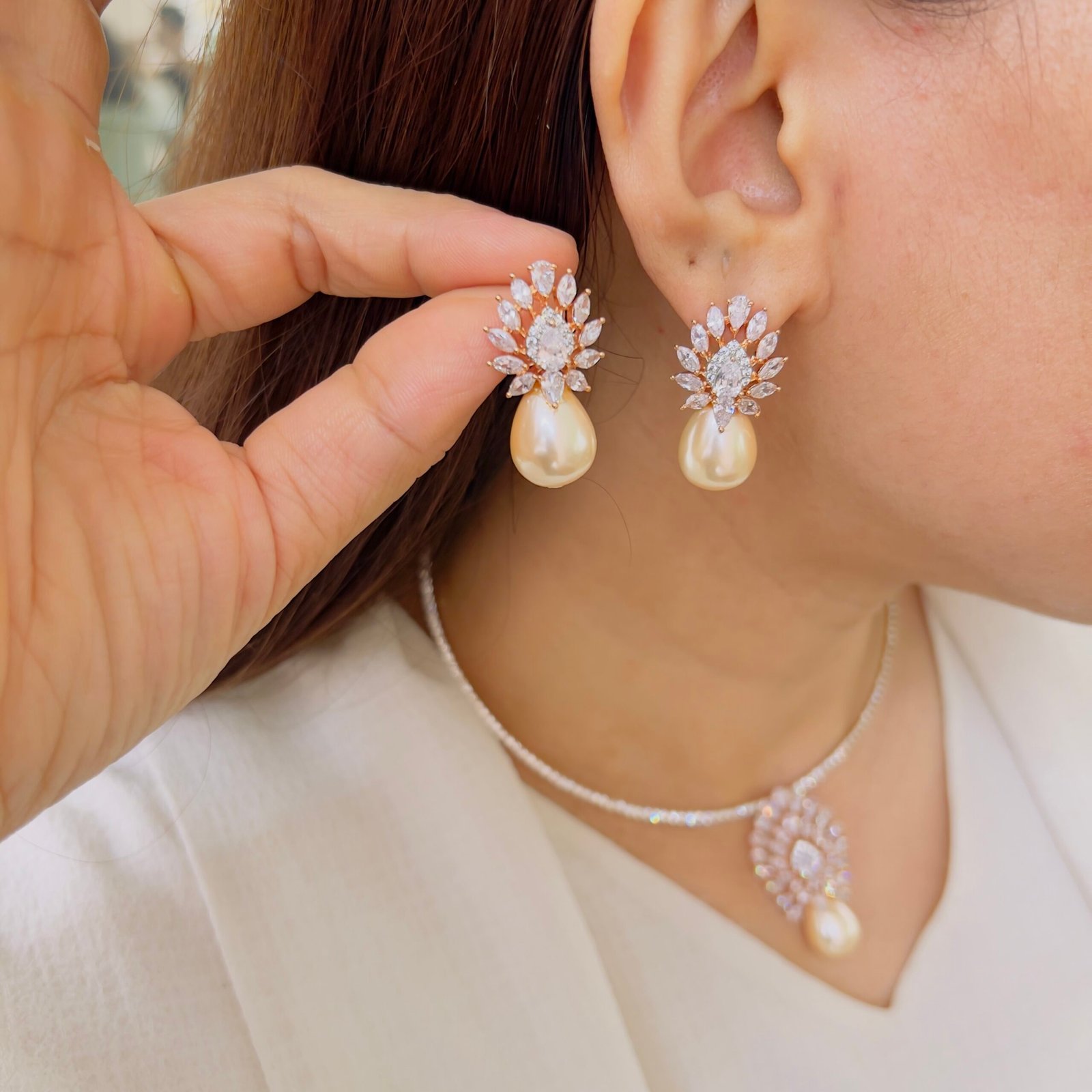 Luxury Diamond Stone & Pearl Drop Pendant Set - Image 2