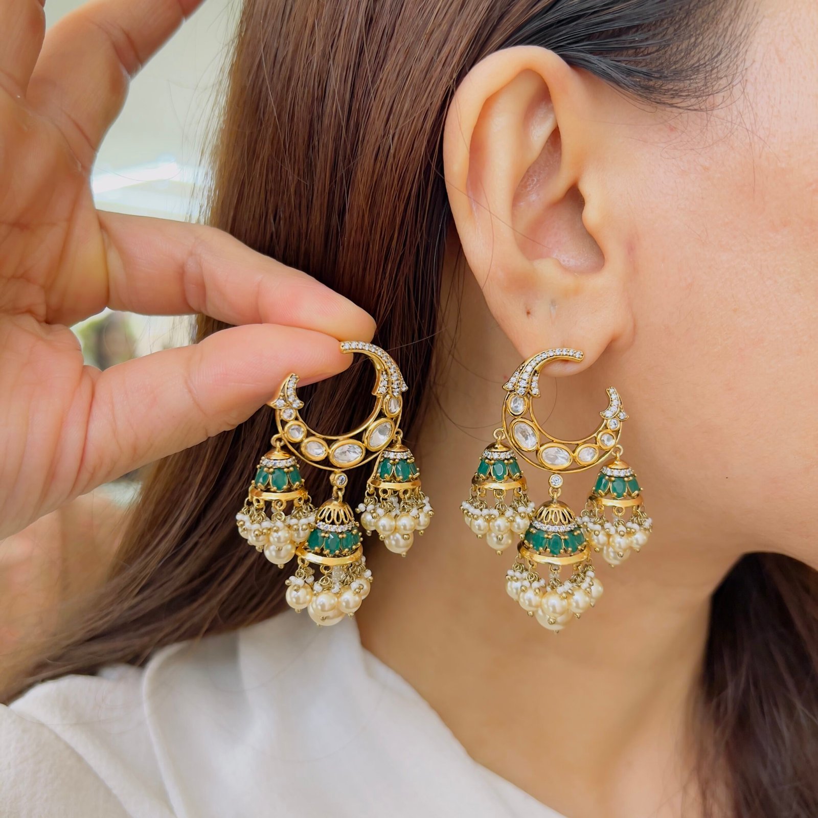 Moon Jhumka Statement Earrings - Image 2