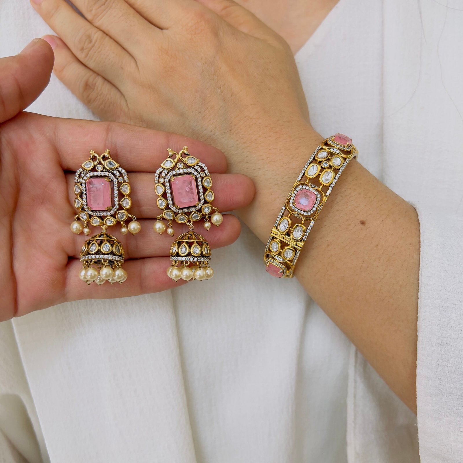 Blush Pink Victorian Earrings & Victorian Bangle Set