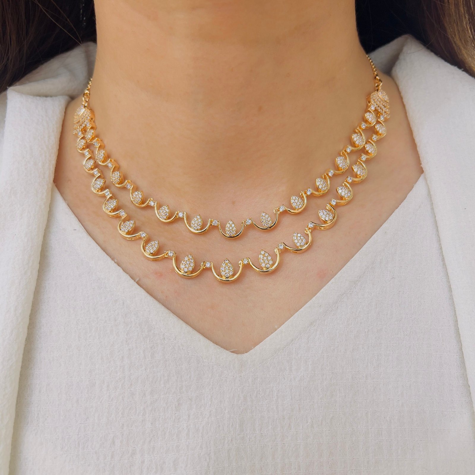 Elegant Double Layer Diamond Necklace Set
