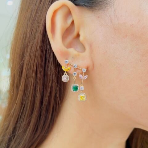 Floral Drop Ear Cuff with Color Stones& Plain Daimond