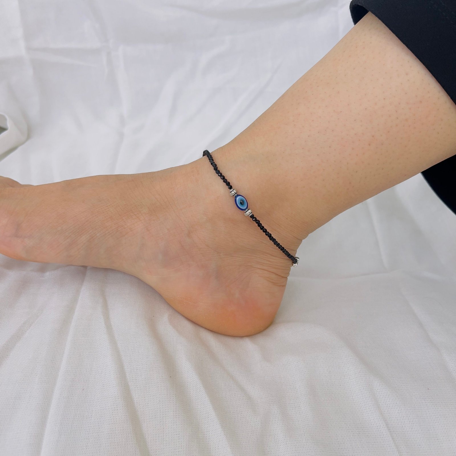 Minimal Black Beads Anklet with Sparkling Stones - Image 2