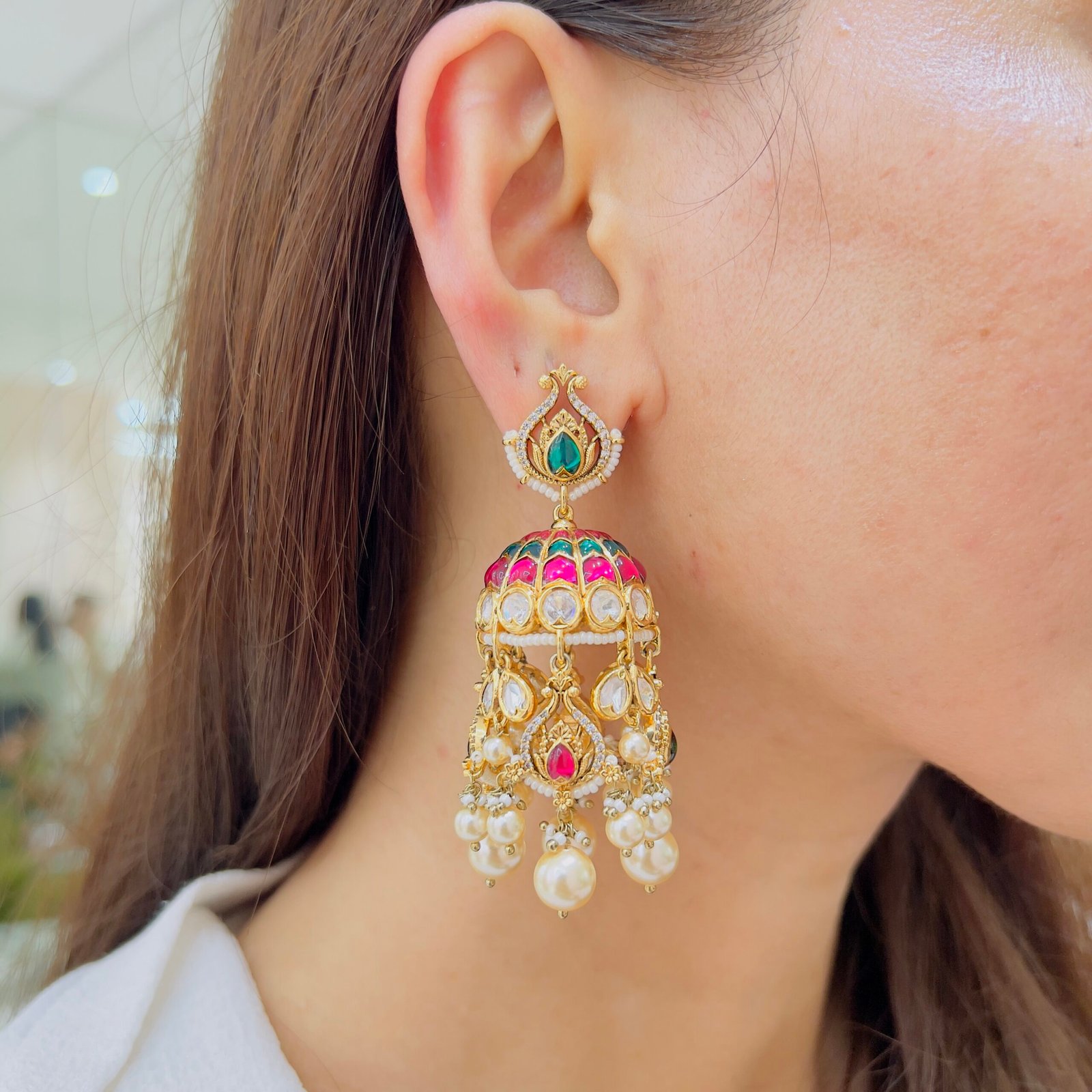 Ruby & Emerald Stone Chandbali Jhumka