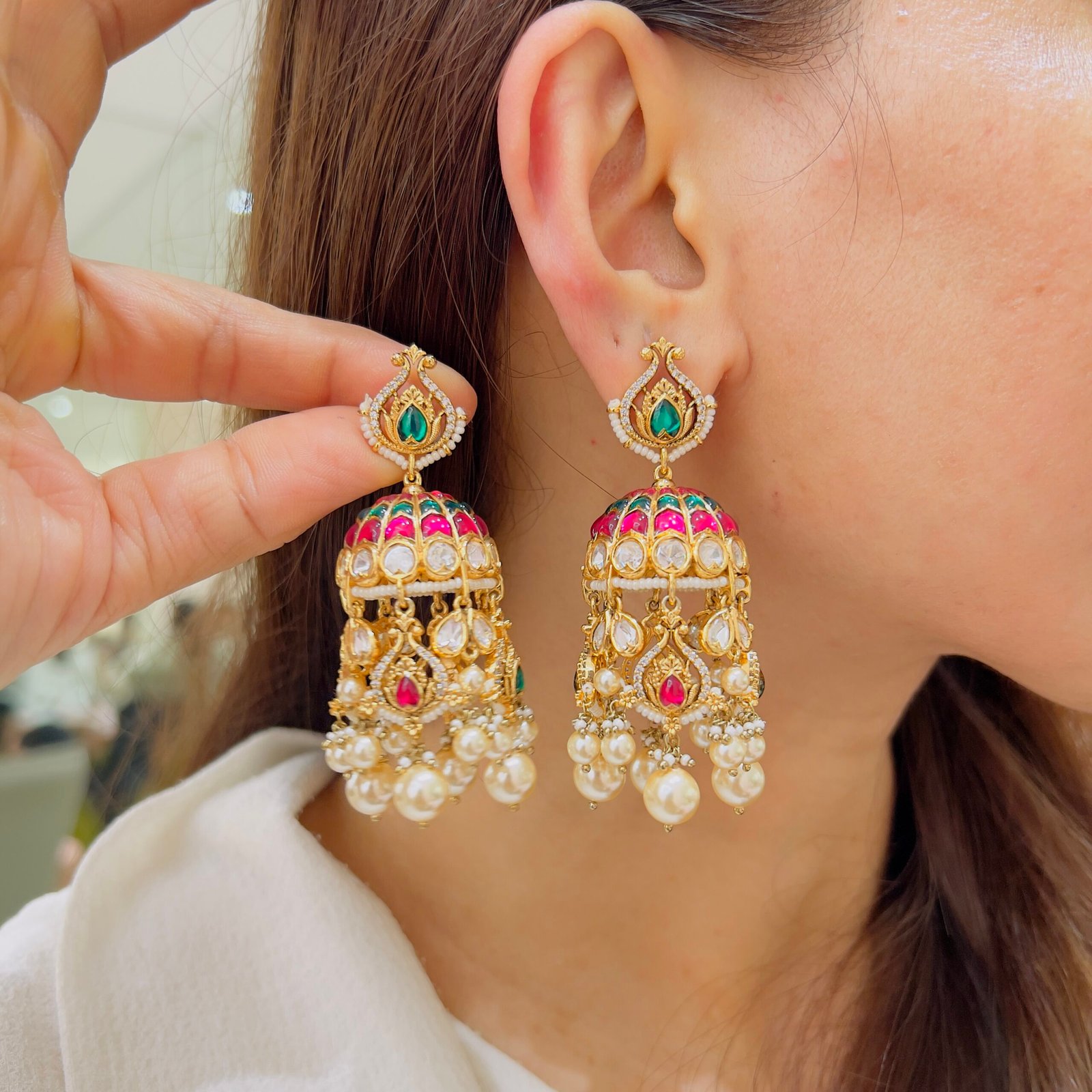 Ruby & Emerald Stone Chandbali Jhumka - Image 2