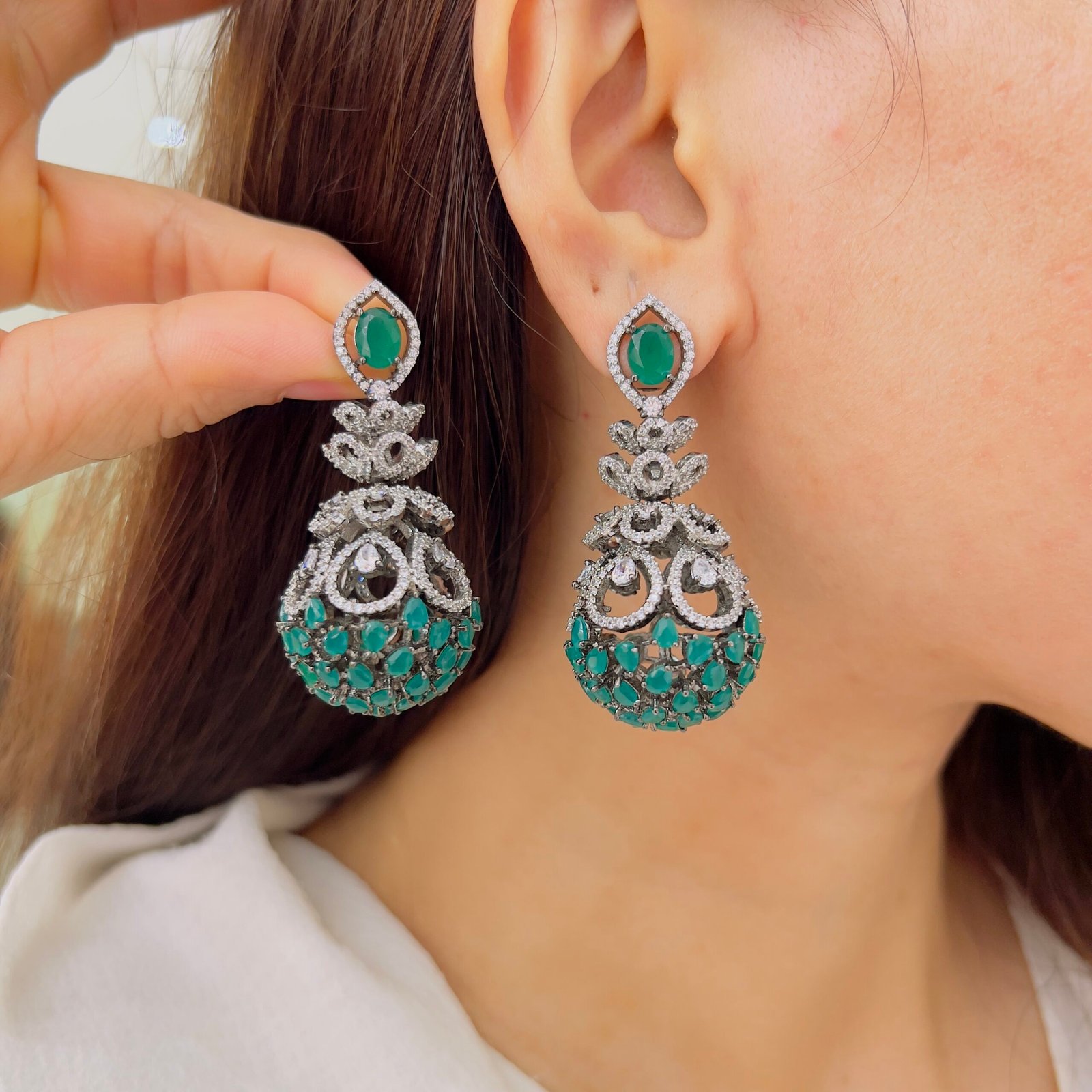 Floral Emerald Statement Earrings - Image 2