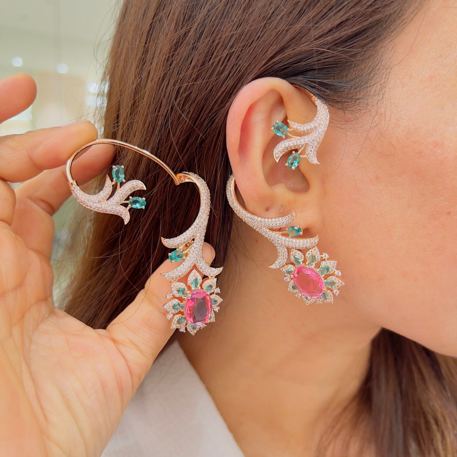 Crystal Bloom Full Diamond Ear Cuffs - Image 6