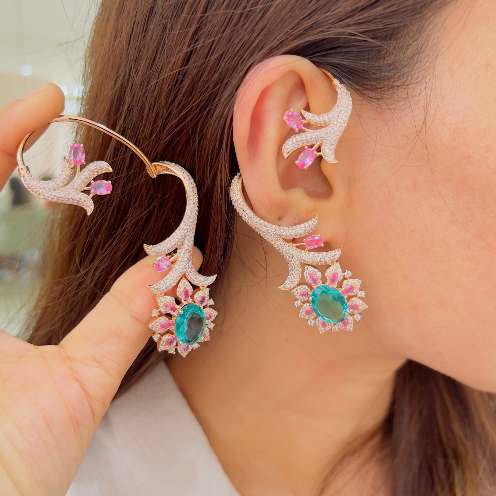Crystal Bloom Full Diamond Ear Cuffs - Image 2