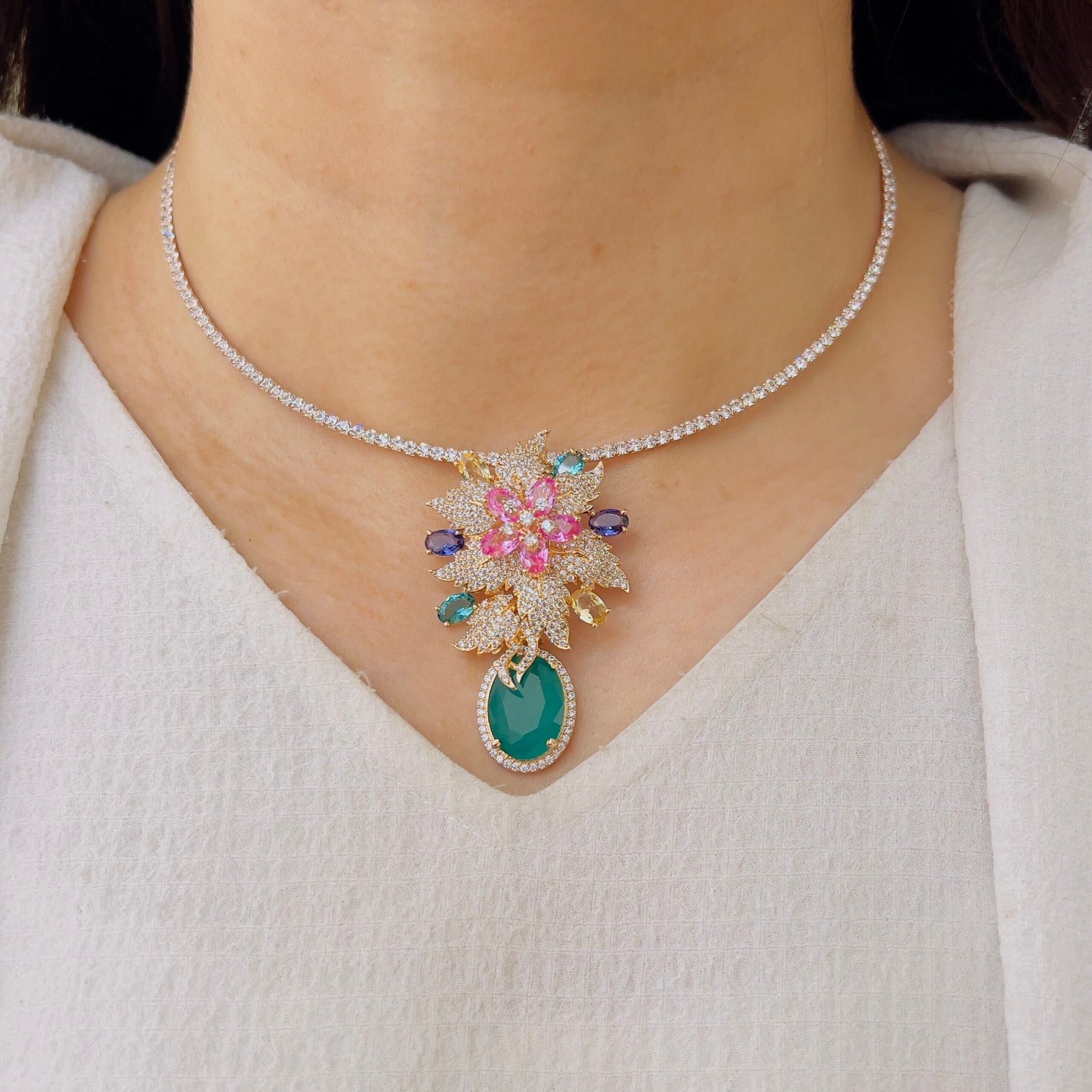 Statement Floral Diamond Pendant and Earring Set