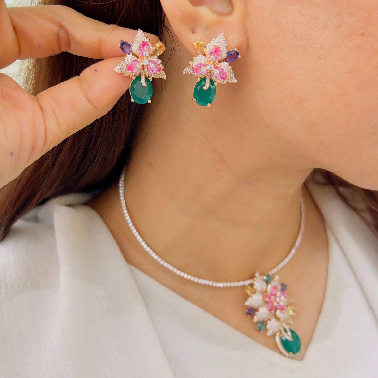 Statement Floral Diamond Pendant and Earring Set - Image 2