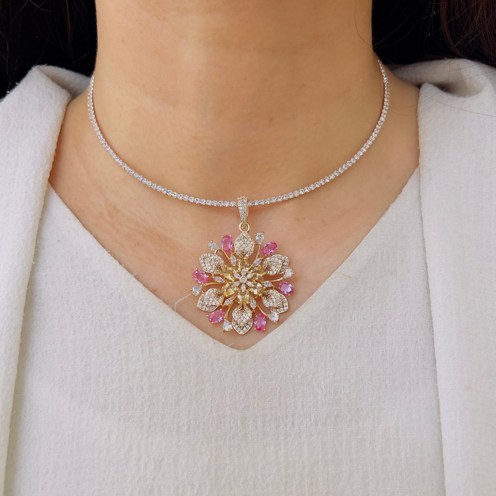 Floral Diamond Pendant Set with Matching Earrings