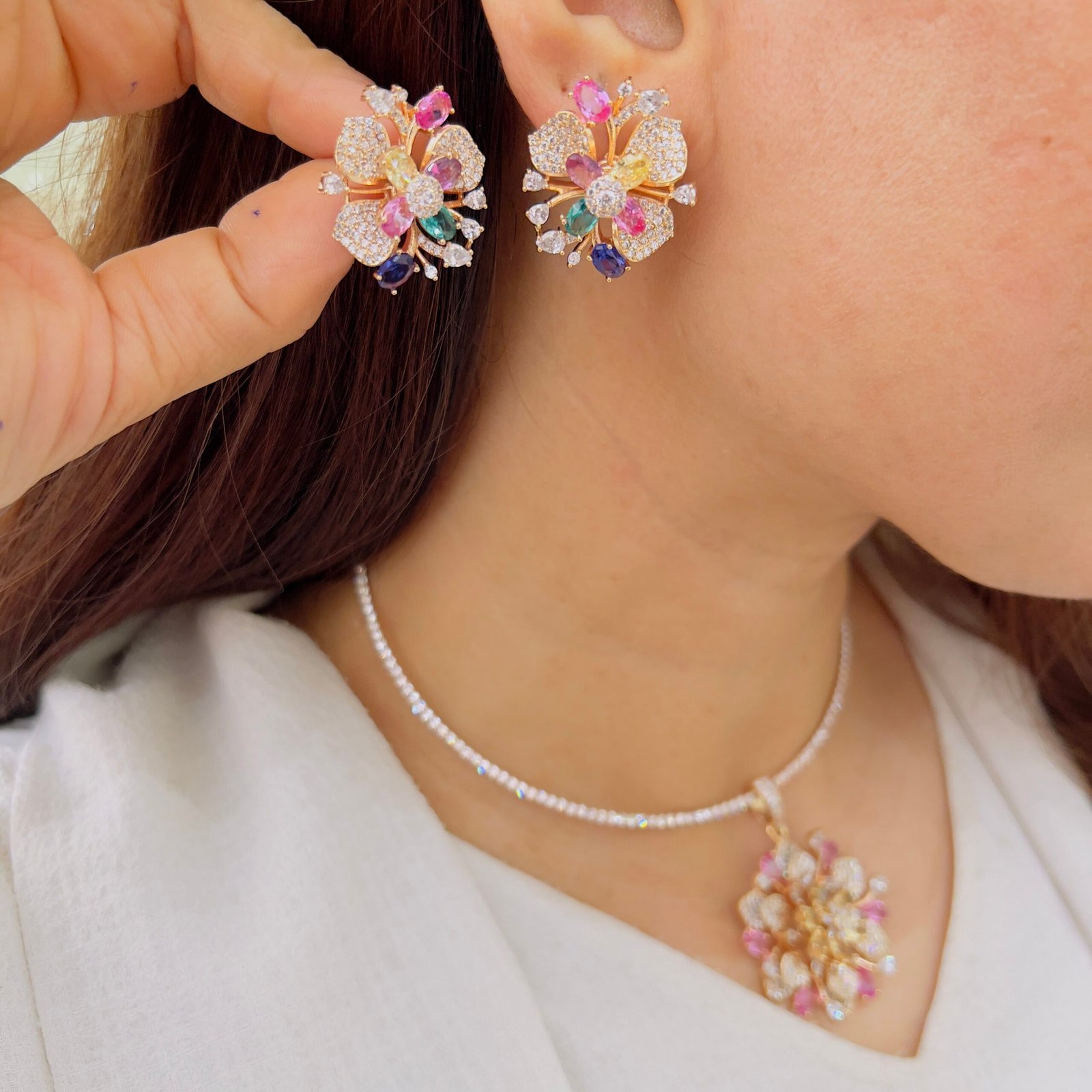 Floral Diamond Pendant Set with Matching Earrings - Image 2