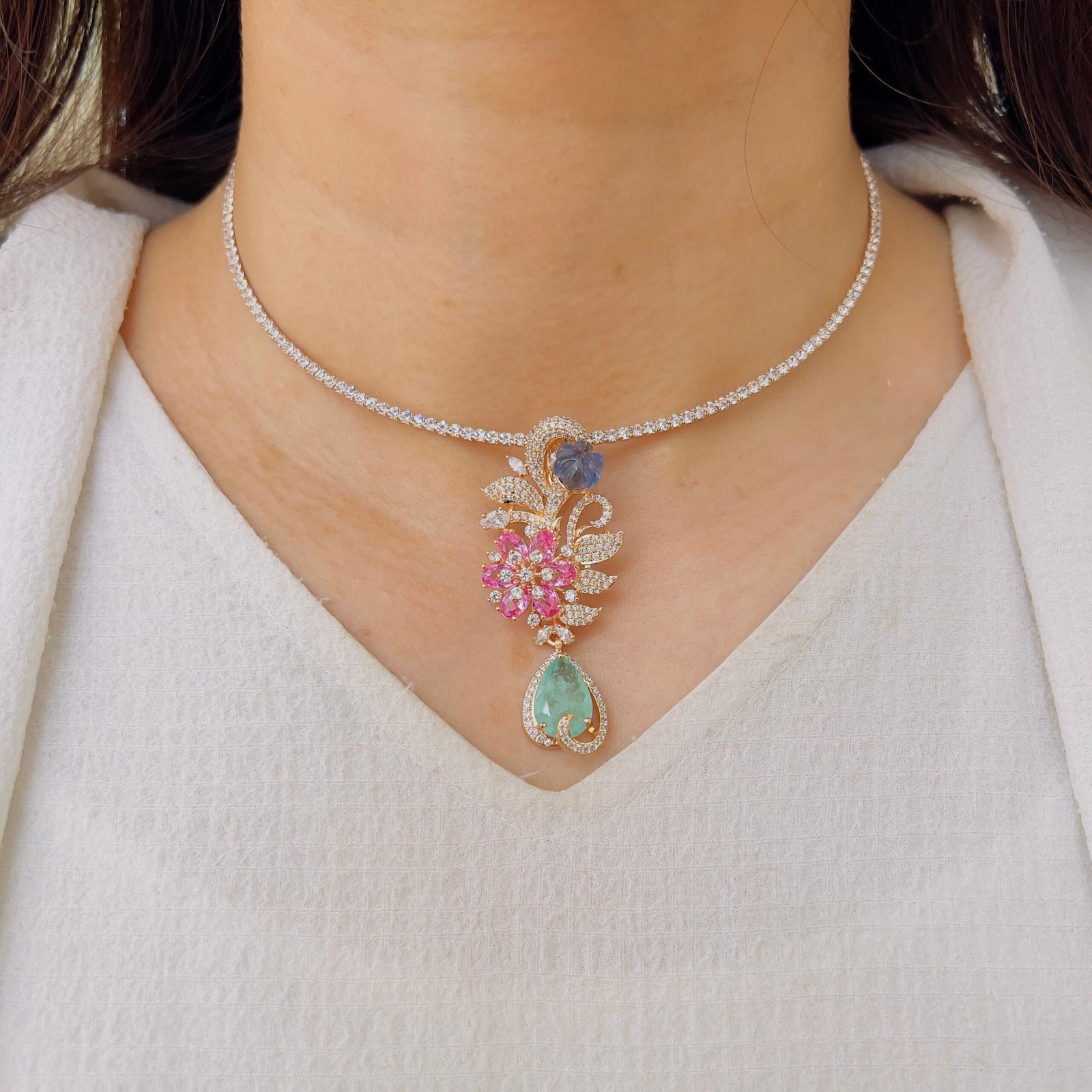 Floral Charm Diamond Pendant Set