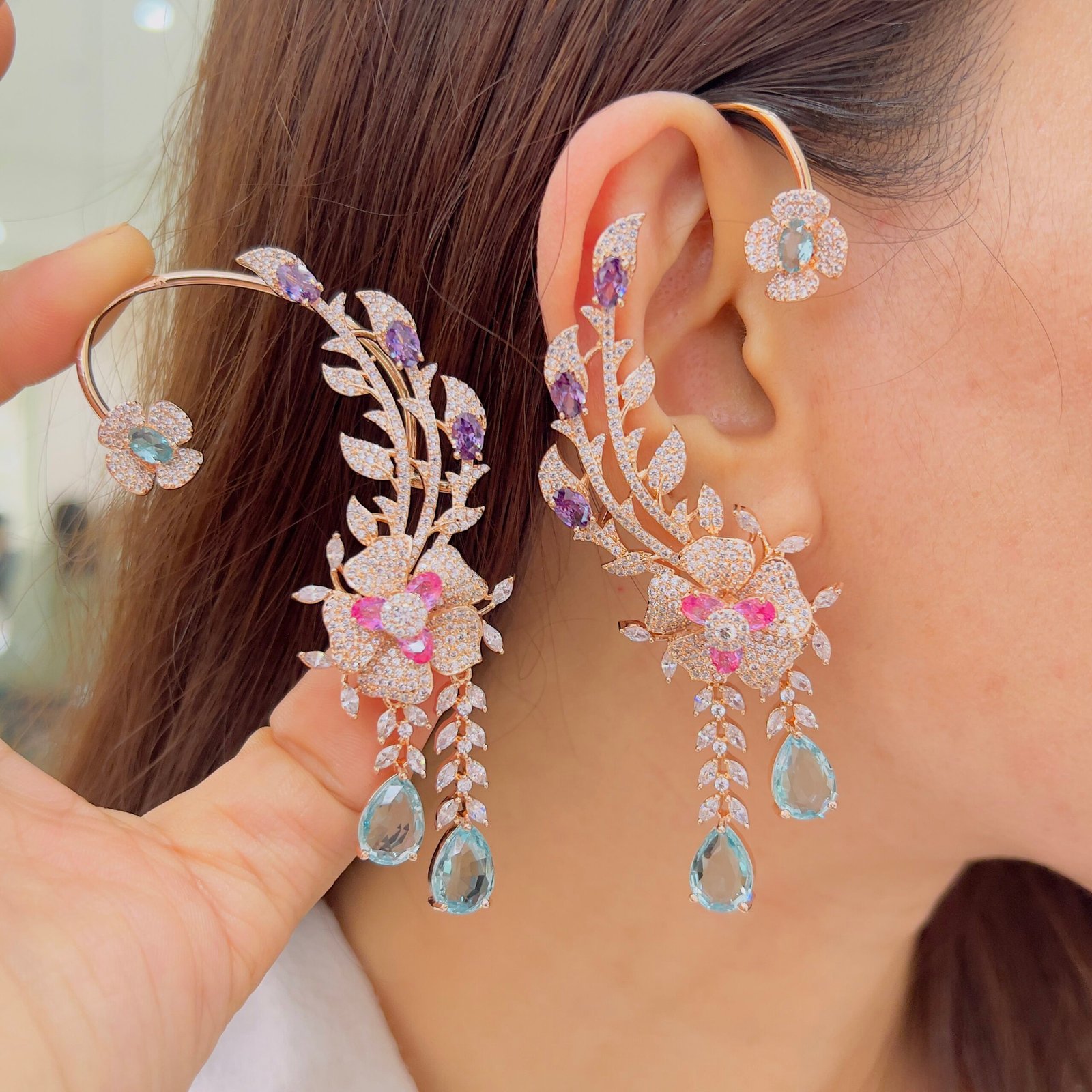 Floral Elegance Diamond Ear Cuffs - Image 6