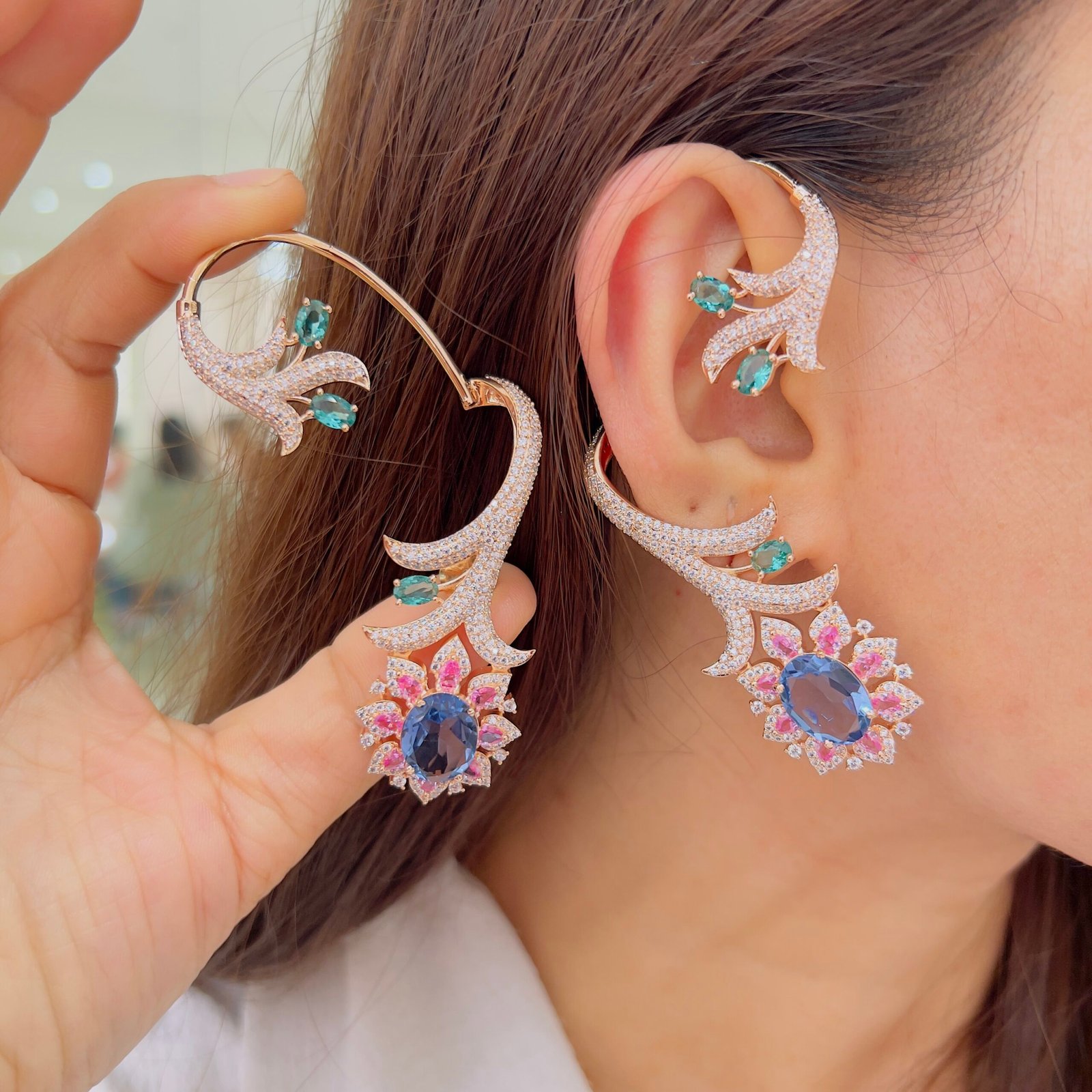 Crystal Bloom Full Diamond Ear Cuffs - Image 10