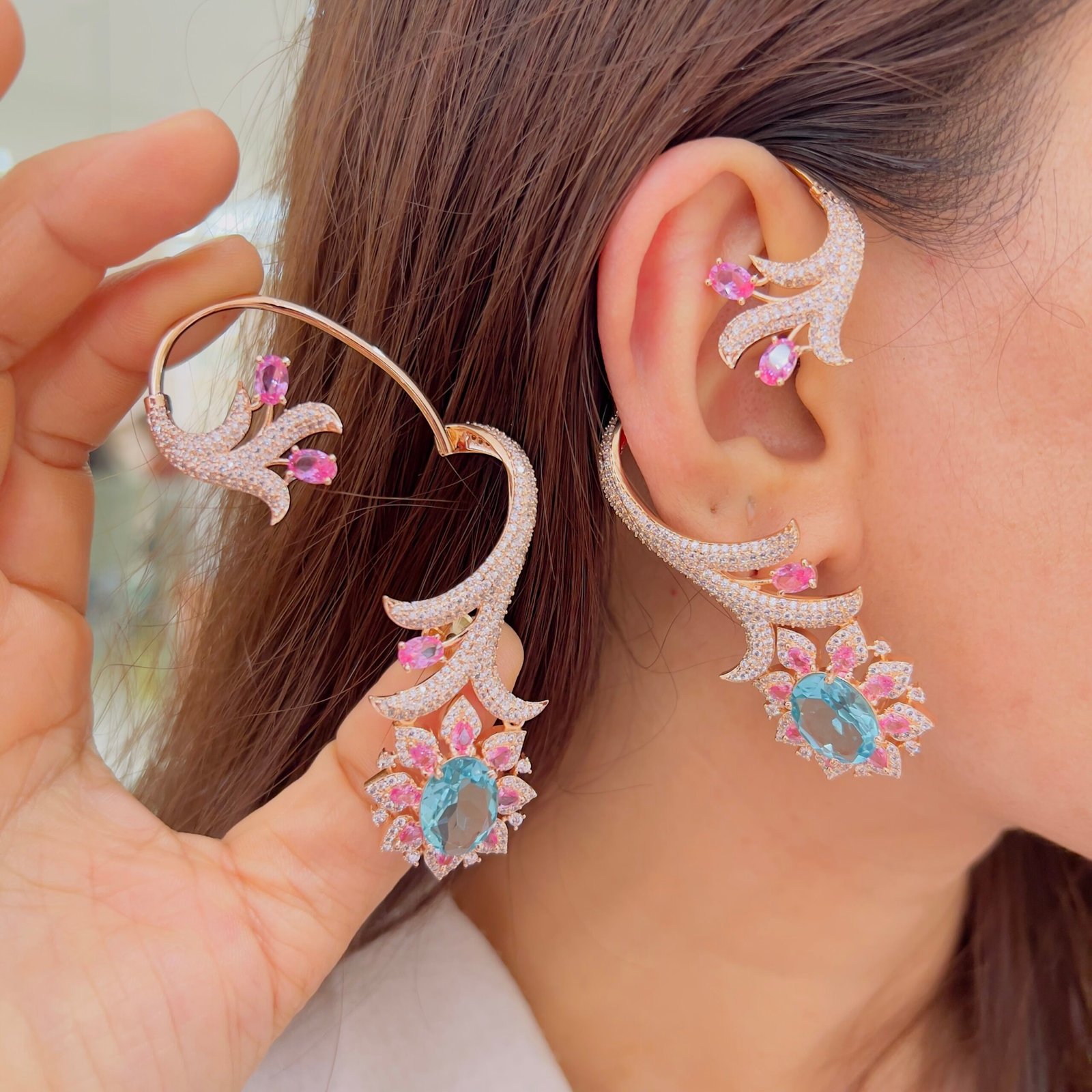 Crystal Bloom Full Diamond Ear Cuffs - Image 8