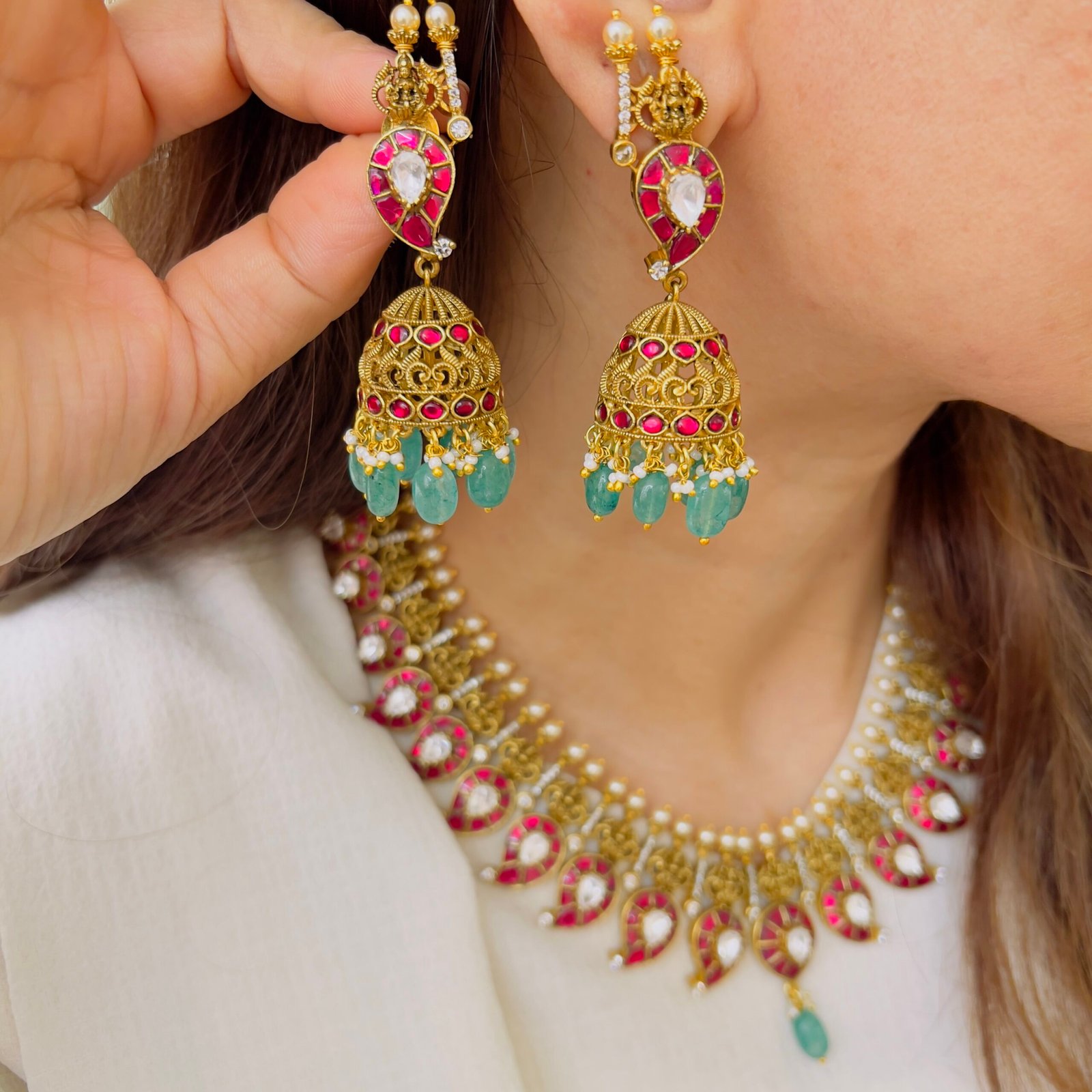 Maharani-Inspired Jadau Necklace Set with Matching Jhumka - Image 2